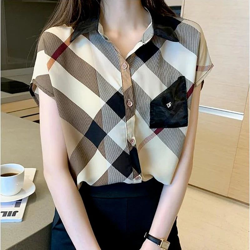 Women's Blouse – Elegant Plaid Chiffon Office Shirt