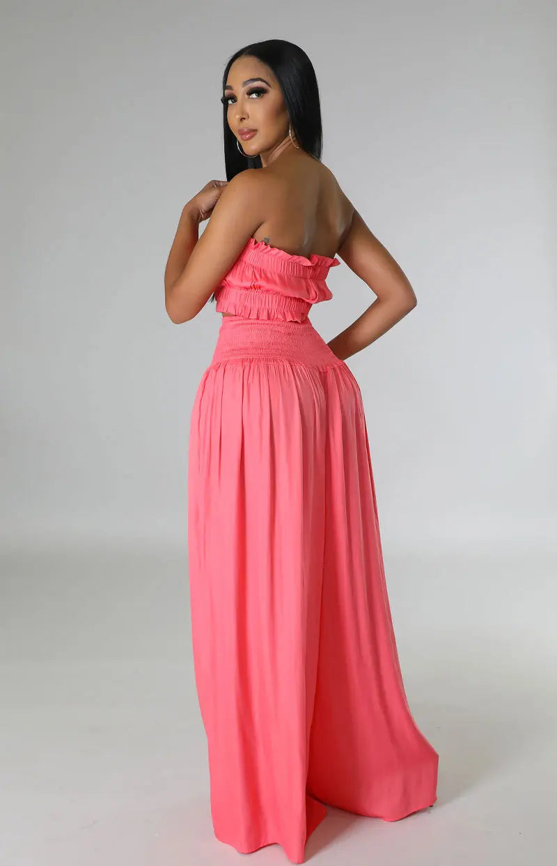 Strapless tops and wide-leg pants