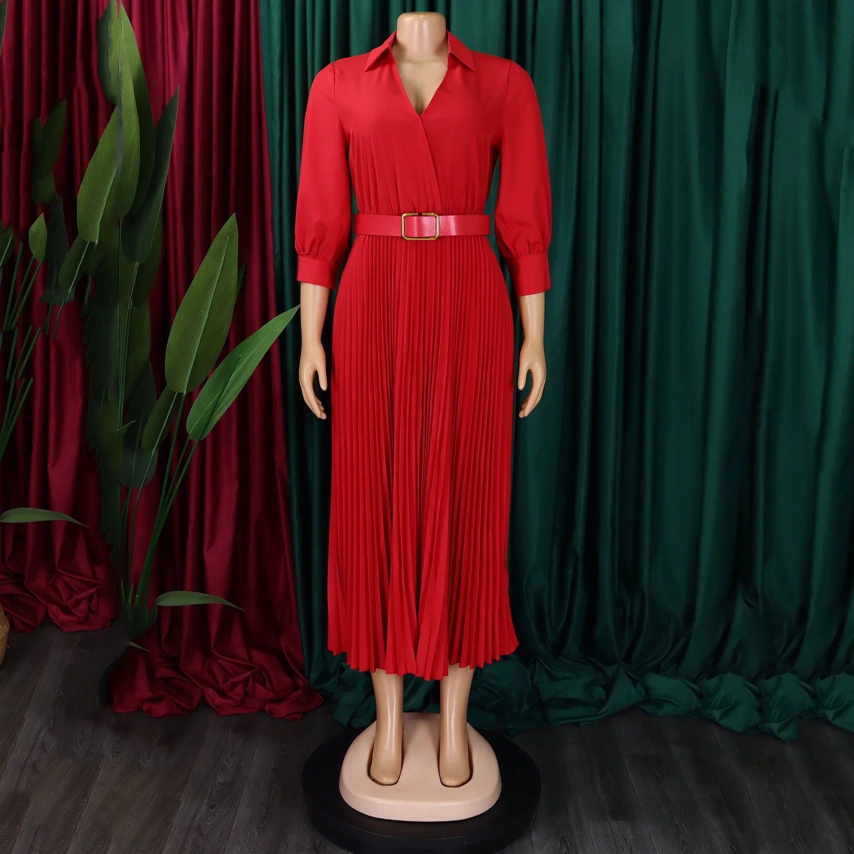 Women's Elegant Dress – Pleated V-Neck Office Style