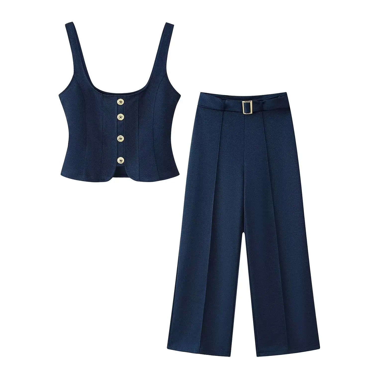 Women's Button Front Crop Top and Flare Pants Set
