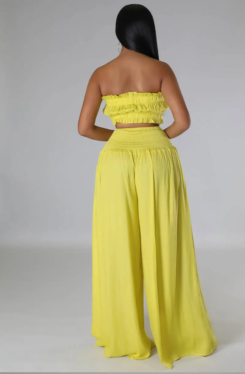 Strapless tops and wide-leg pants