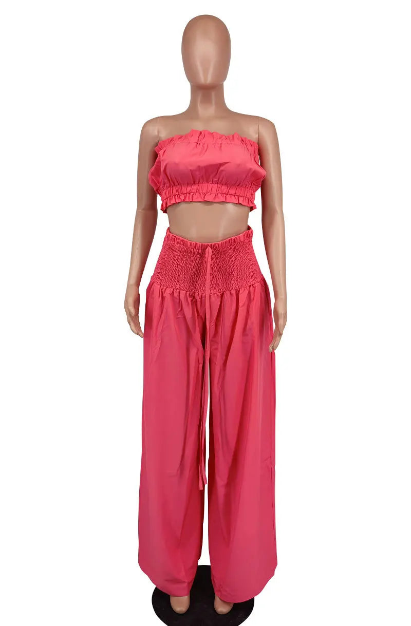 Strapless tops and wide-leg pants