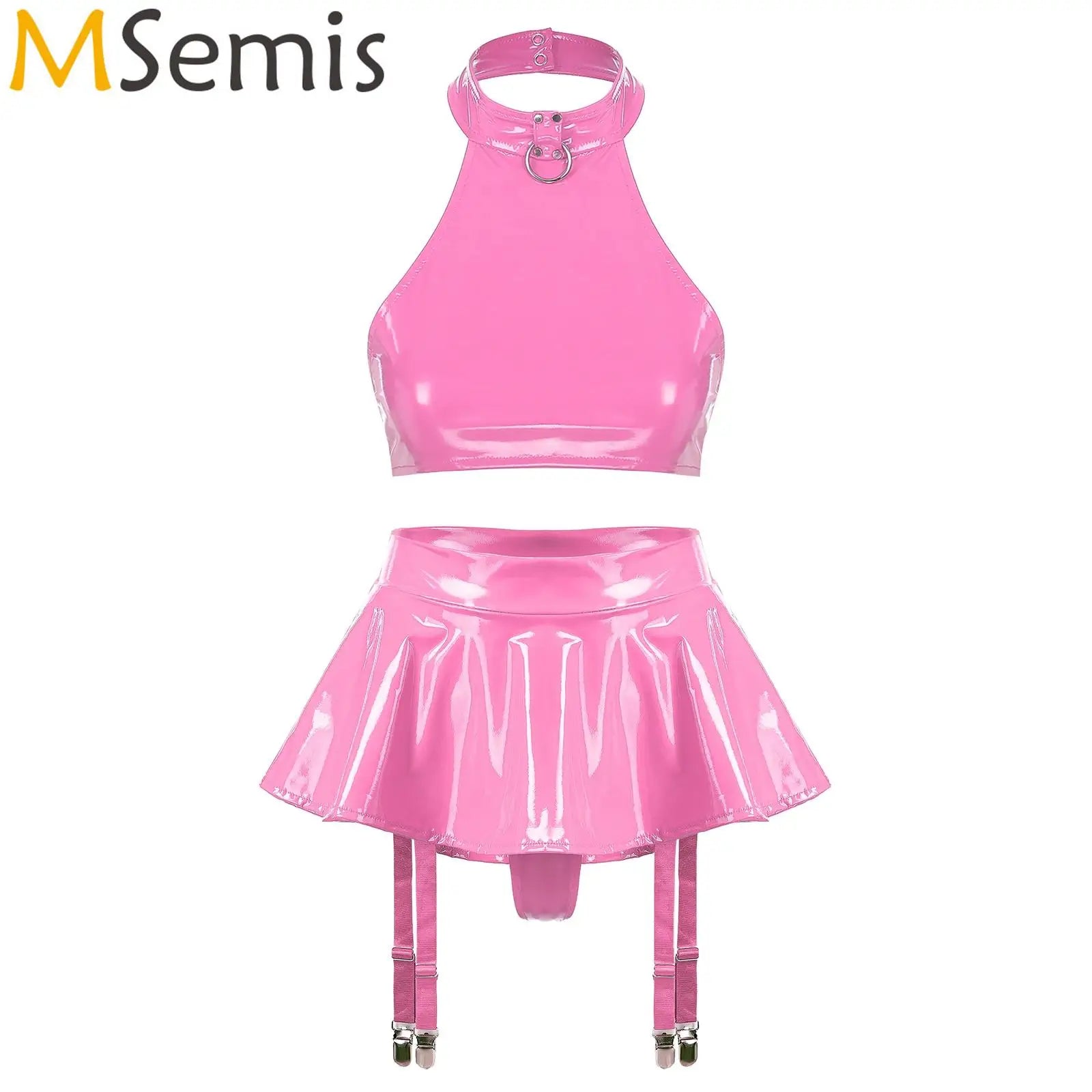 Pink vinyl outfit with top, skirt, and suspenders on a white background