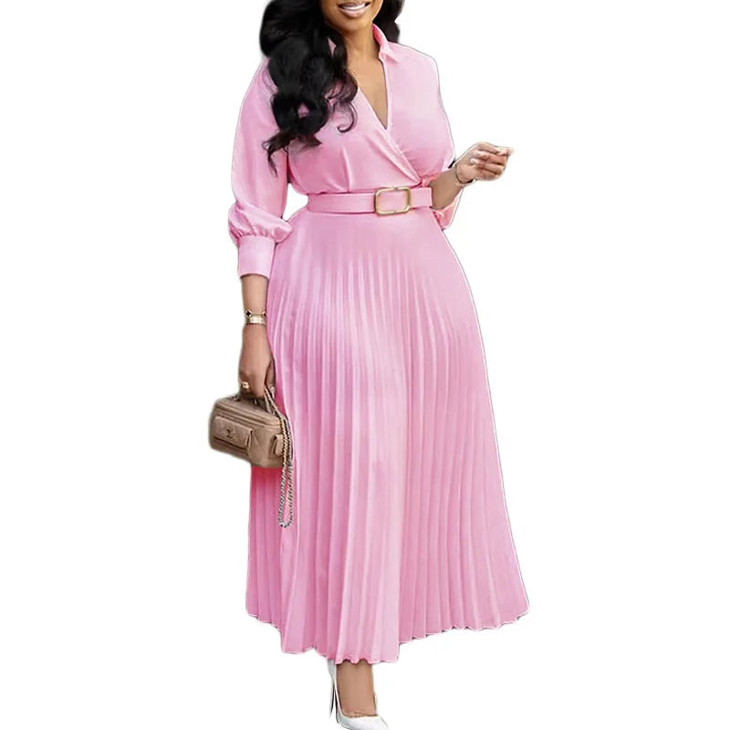 Women's Elegant Dress – Pleated V-Neck Office Style