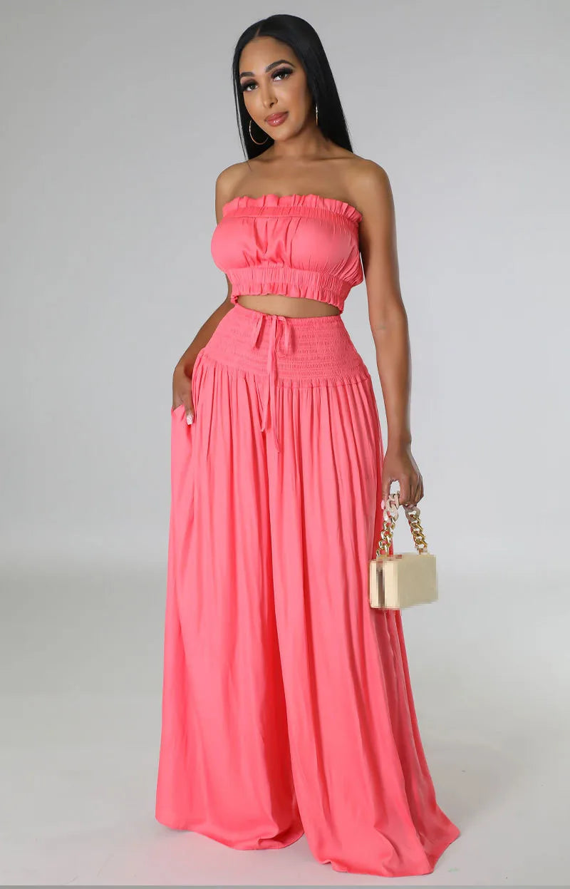 Strapless tops and wide-leg pants