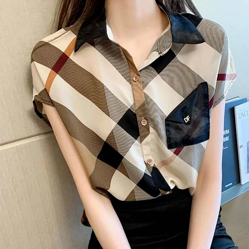 Women's Blouse – Elegant Plaid Chiffon Office Shirt