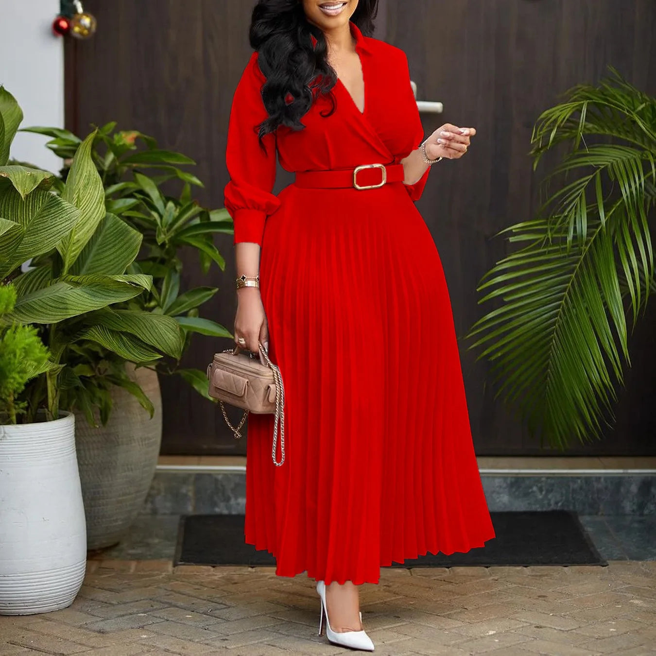 Women's Elegant Dress – Pleated V-Neck Office Style
