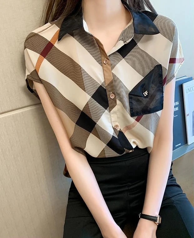 Women's Blouse – Elegant Plaid Chiffon Office Shirt