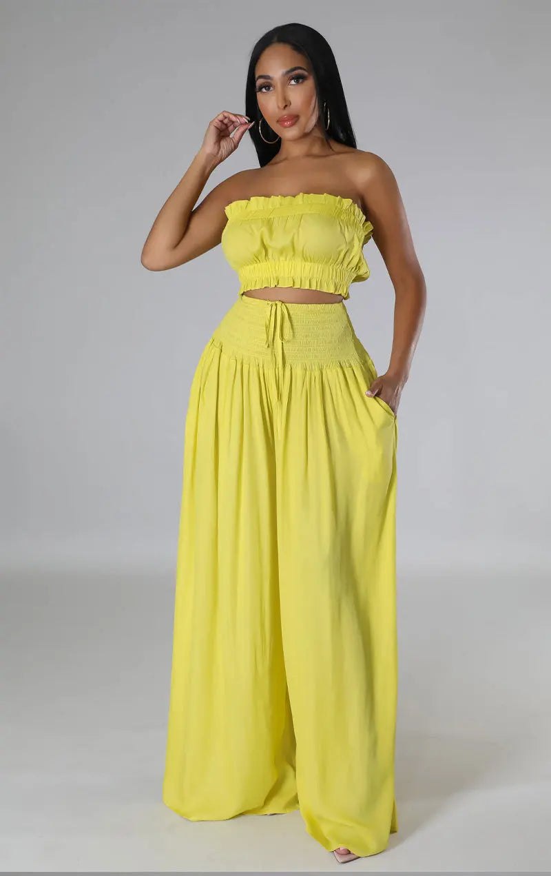 Strapless tops and wide-leg pants