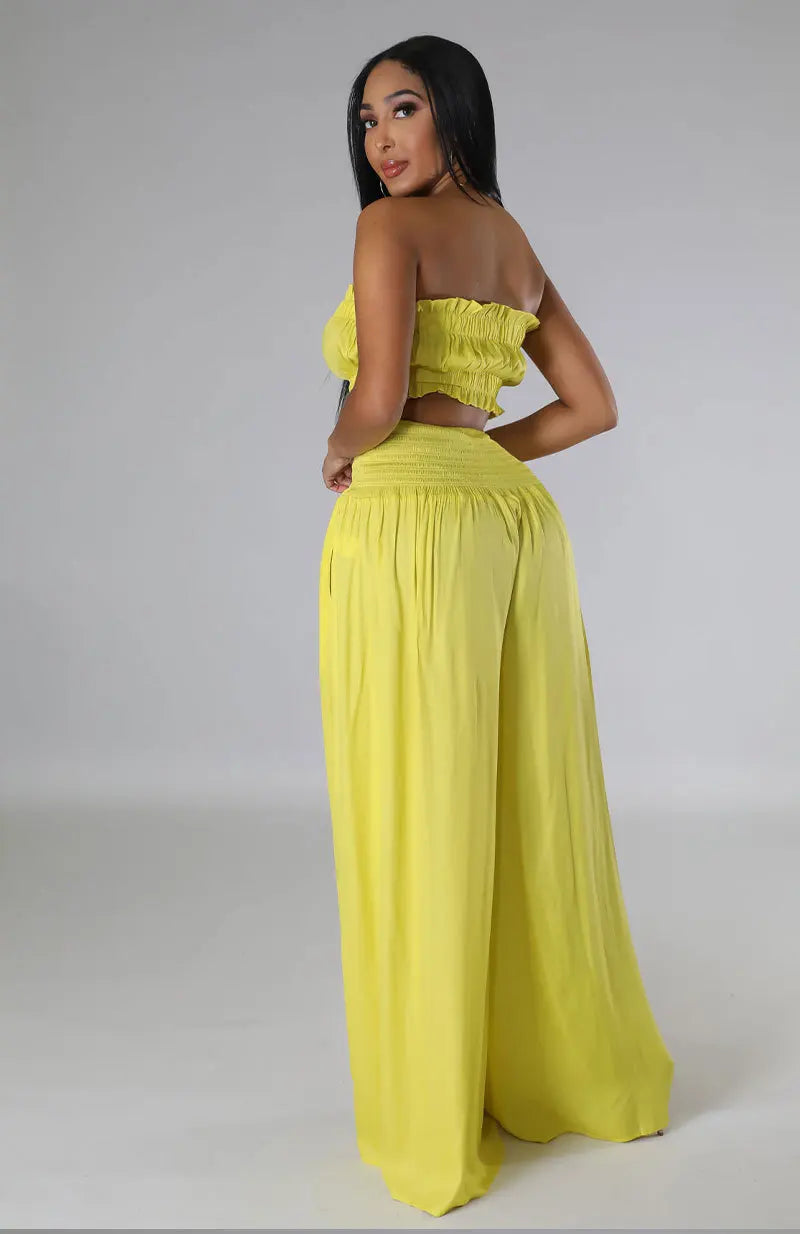 Strapless tops and wide-leg pants