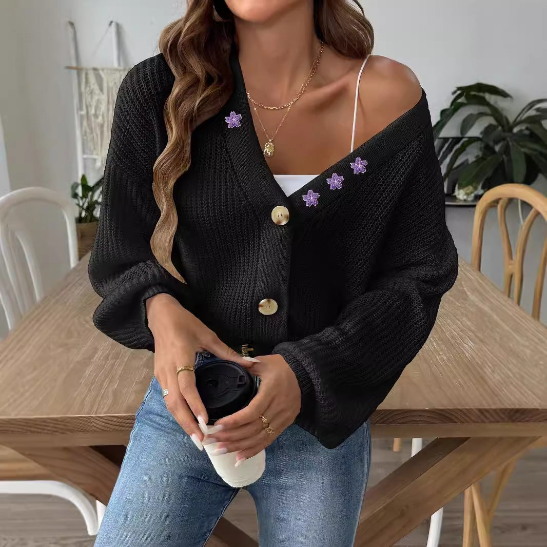 Embroidered Stickers Short Button Coat Sweater Cardigan