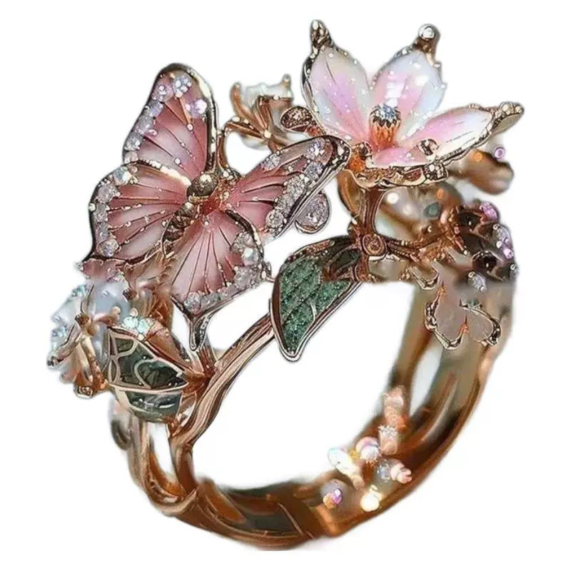 INS Flower Butterfly Ring With Rhinestones And Oil Dropping Design
