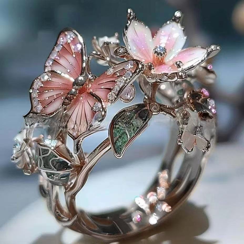 INS Flower Butterfly Ring With Rhinestones And Oil Dropping Design