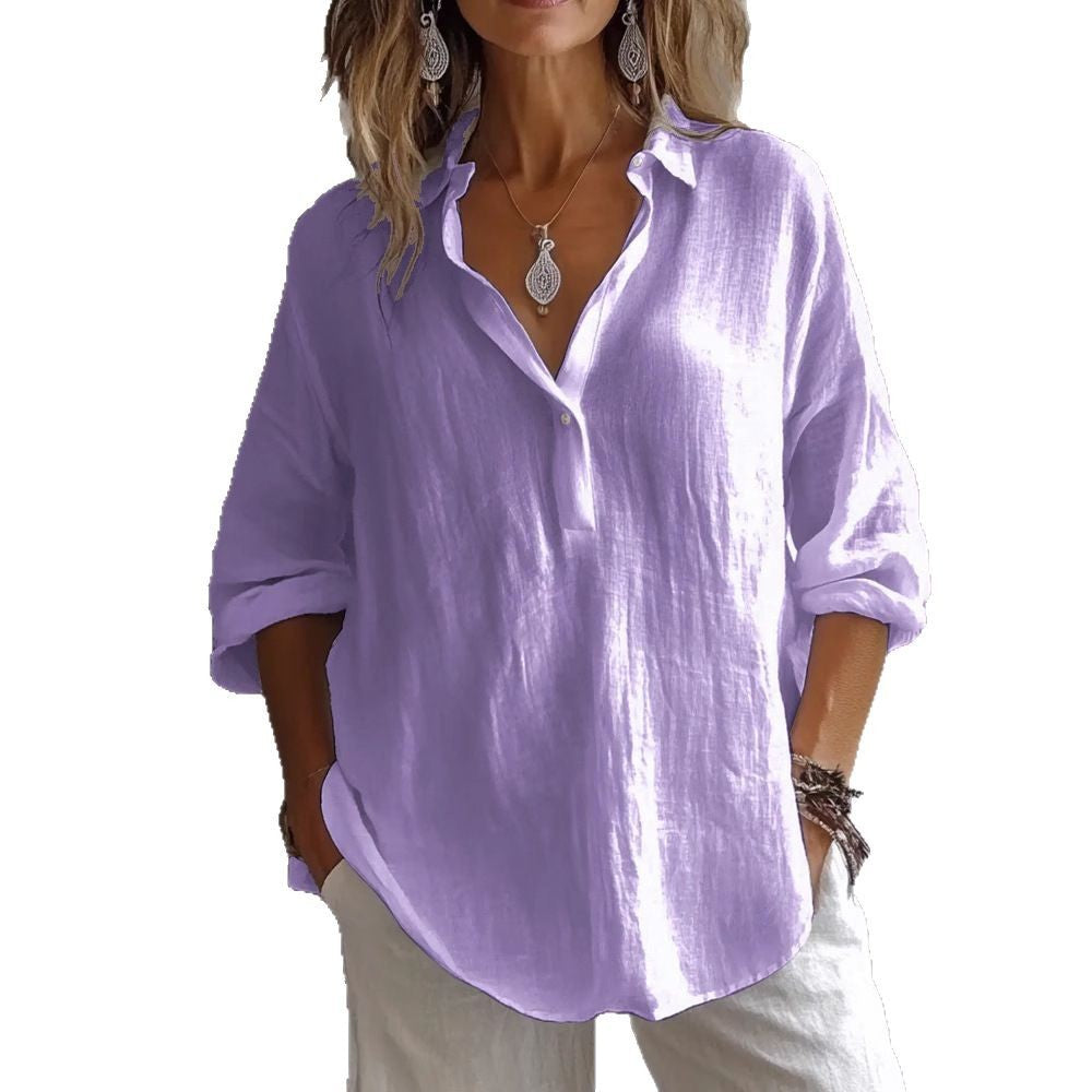 Fashion long-sleeved lavender lapel pullover shirt on a woman, showcasing a stylish and comfortable design.